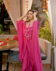 Embroidered Tassel Kaftan Set - Fuchsia Pink