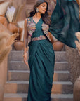 Draped saree style embroidered vest set - Navy Blue