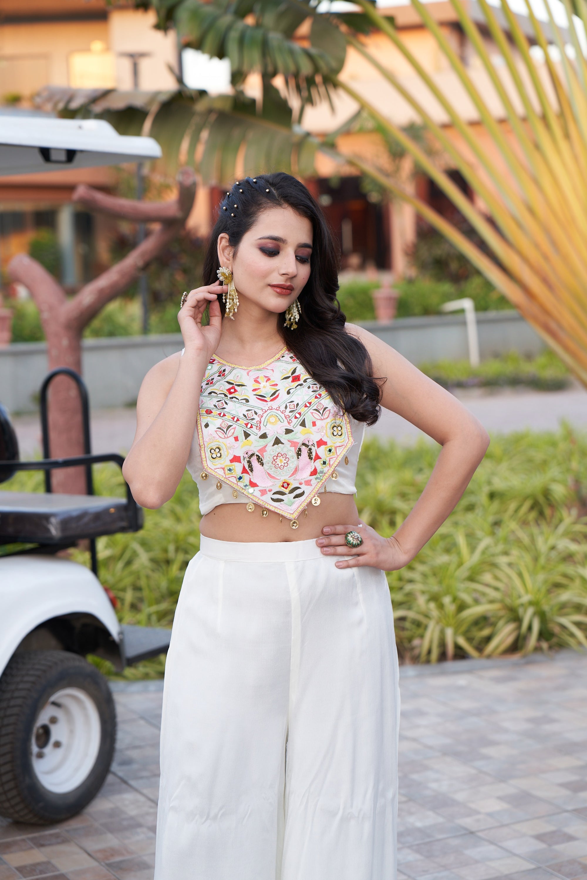 Floral Cape and Mirror Blouse - Off-White