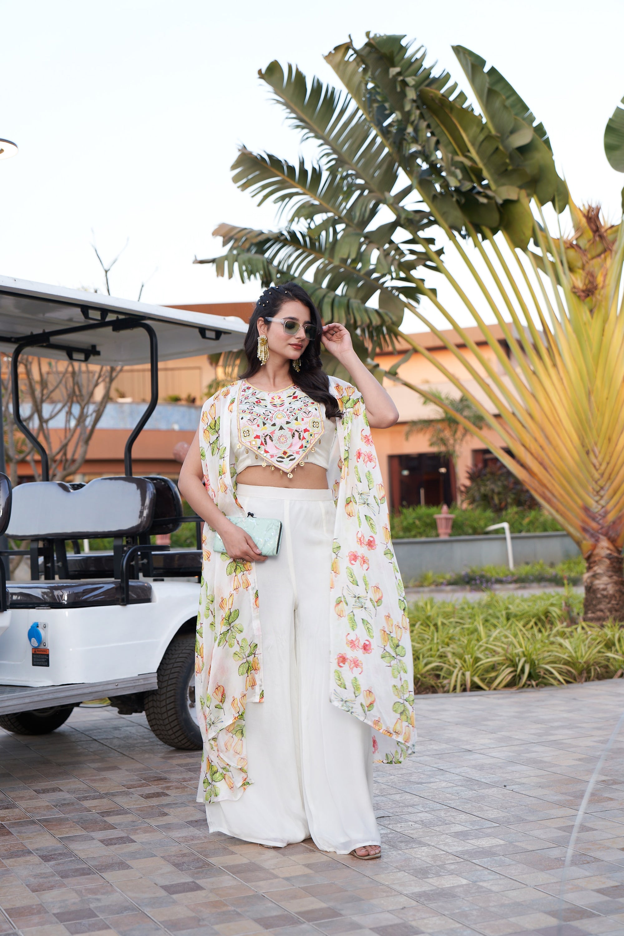 Floral Cape and Mirror Blouse - Off-White