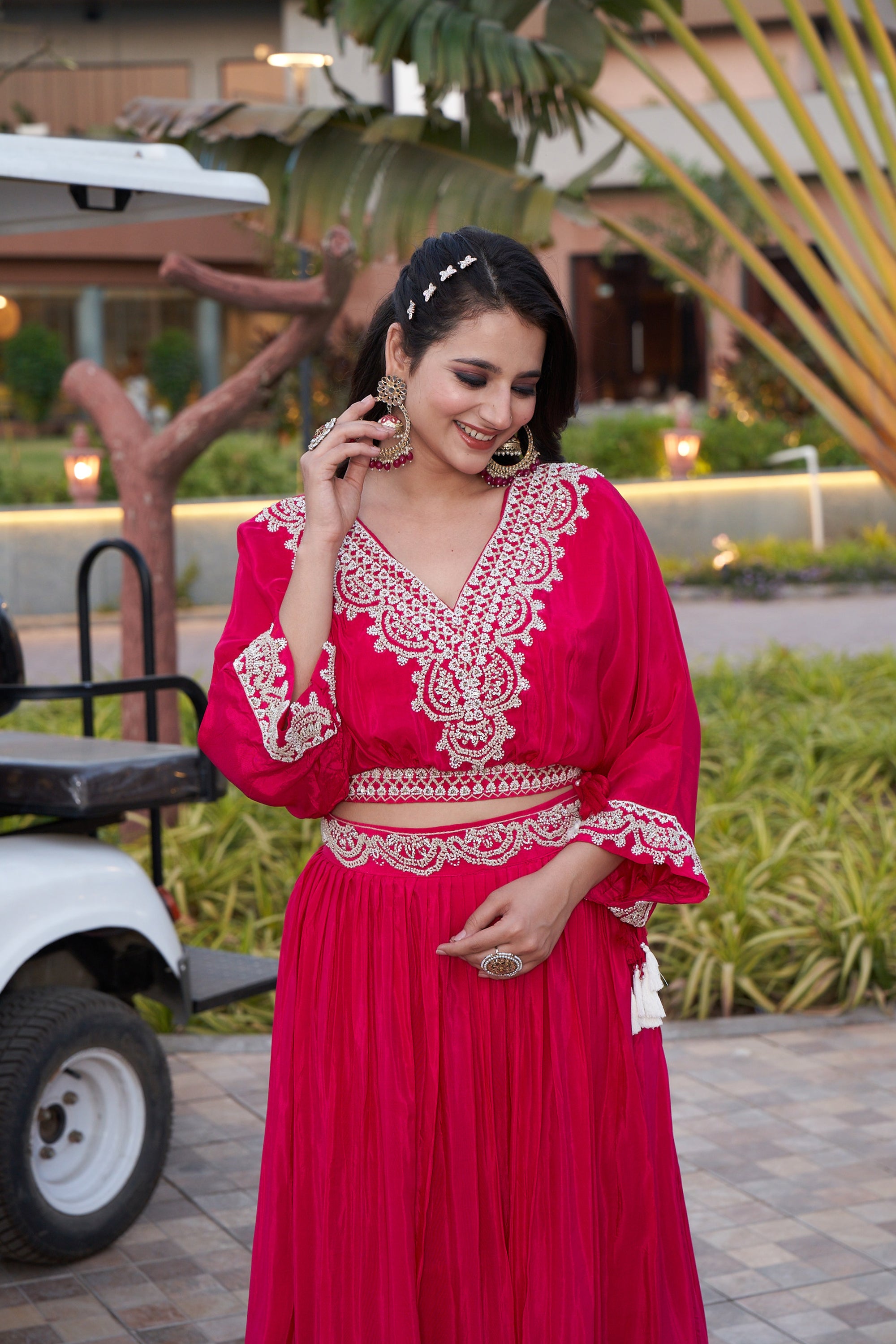 Draped Floral Embroidered Ensemble - Red