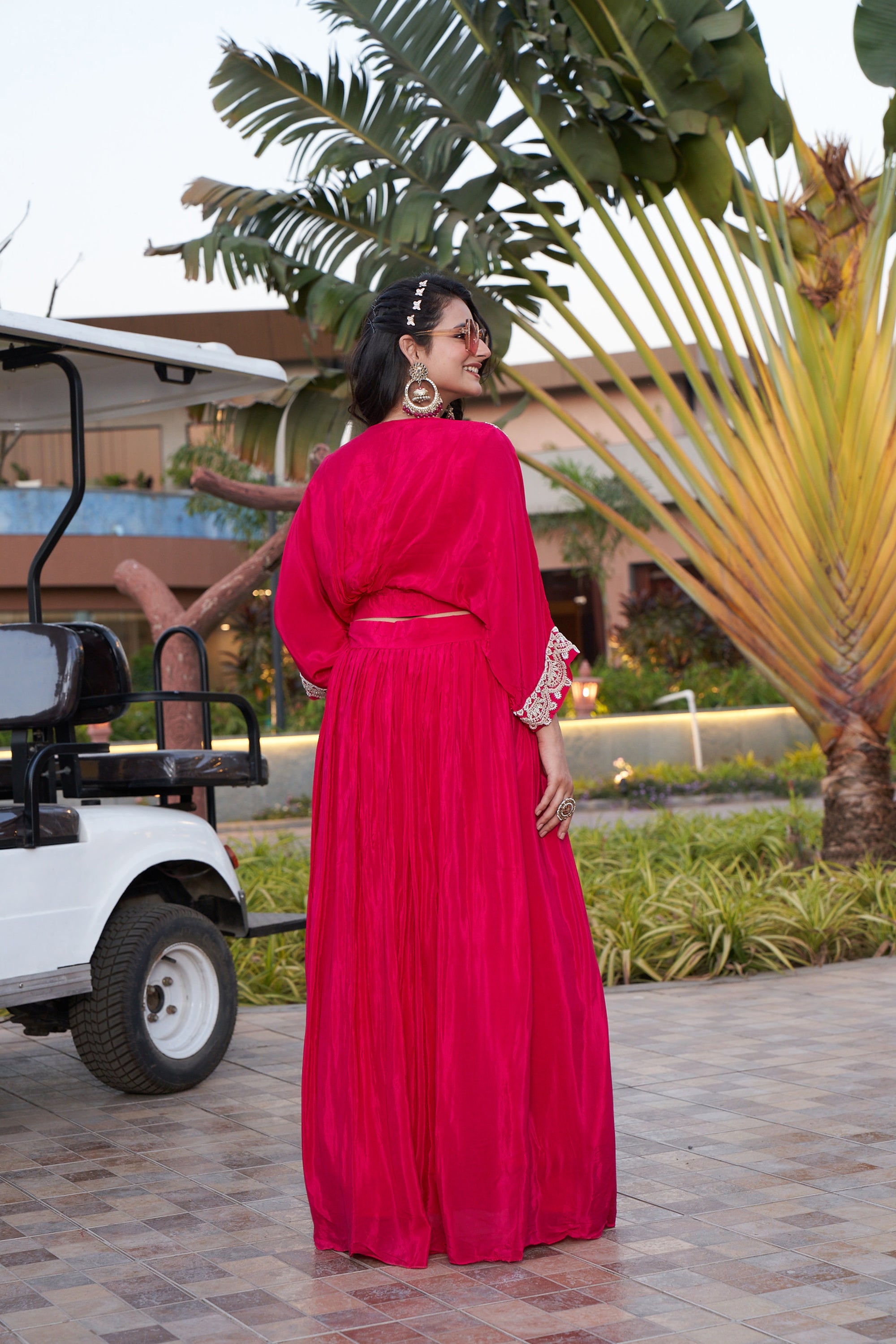 Draped Floral Embroidered Ensemble - Red